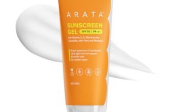 Arata Sunscreen Gel | SPF 50, PA+++ | Broad Spectrum UV Protection | Ultra-Light & Dewy Finish | No White Cast | Even & Glowing Skin | Niacinamide & Ceramide | Derma-Tested | For Men & Women | 50ML
