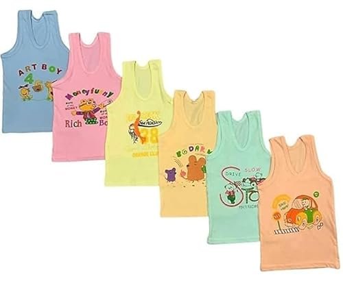 GSXMOL Kids Baby Boys Multicolor Comfort & Cozy Cartoons Printed Vest Pack of 6 (0-3 Months)