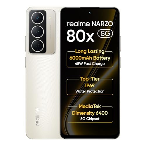 realme NARZO 80x 5G (Sunlit Gold,8GB+128GB) | | Dimensity 6400 5G Chipset | 6000mAh Long-Lasting Battery | 45W Fast Charge | 120Hz Eye Comfort Display | IP69 Top-Tier Waterproof