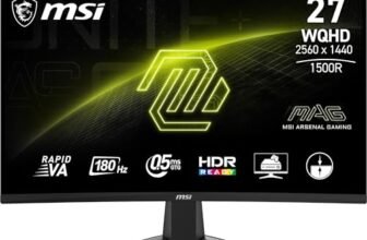 MSI MAG 27CQ6F 27 Inch 2K WQHD Curved Gaming Monitor – 1500R 2560 x 1440 Rapid VA Panel, 180 Hz / 0.5ms (GtG, Min.), Adaptive-Sync – DP 1.4a, HDMI 2.0b CEC