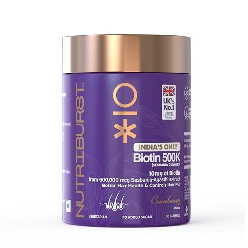Nutriburst Biotin Gummies for Hair Growth | 10mg Biotin from 500,000 mcg Sesbania Extract | Cranberry Flavour | Stronger, Shinier Hair | No Added Sugar | 30 Days Pack