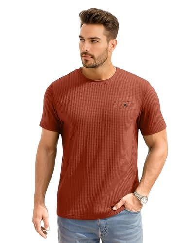 AWG ALL WEATHER GEAR Men Waffle Knit Regular Fit Solid Crew Neck T-Shirt | Tees for Man | Textured Half Sleeve Stylish T-Shirt's | Rust, Large