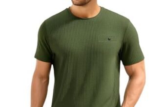 AWG ALL WEATHER GEAR Men Waffle Knit Regular Fit Solid Crew Neck T-Shirt | Tees for Man | Textured Half Sleeve Stylish T-Shirt’s | Olive Green, Large