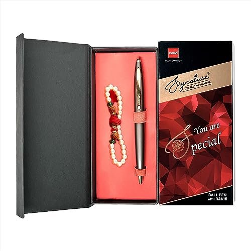 Cello Signature Pen Gift Set | Blue Ink | Pack Of 1 Rakhi & 1 Ball Pen | Premium Metal Pens for Office Use | Corporate Gifting | Stylish Gifts for Brother|Rakhi Set |Rakshabandhan Gifting