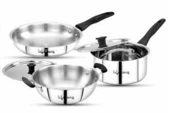 Lifelong 3 Piece Stainless Steel Cookware Set | 2.2L Kadhai with Lid 22cm | 1.4L Fry Pan 22cm | 1.2L Saucepan 16cm | Comes with Two Lid | Induction & Gas Compatible | Bakelite Handles | Easy to Clean