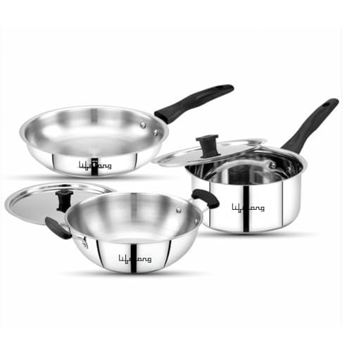 Lifelong 3 Piece Stainless Steel Cookware Set | 2.2L Kadhai with Lid 22cm | 1.4L Fry Pan 22cm | 1.2L Saucepan 16cm | Comes with Two Lid | Induction & Gas Compatible | Bakelite Handles | Easy to Clean
