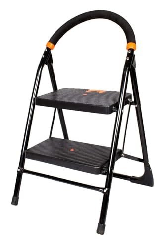 CIPLA PLAST 2 Step Ladder for Home use | Heavy Duty Alloy Steel Foldable Step Ladder with Anti Skid Shoes and Extra Strong Wide Steps Milano 2 Steps | GEC-L2M (Black)