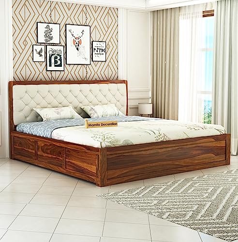MAMTA Decoration Solid Sheesham Wood Queen Size Bed with Box Storage and Upholstered Cushioned Headboard for Living Room Wooden Double Bed Cot for Bedroom Home (Honey Finish)
