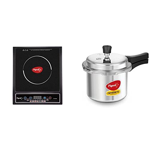 Pigeon Aluminium By Stovekraft Cruise 1800 Watt Induction Cooktop With 7 Segments Led Display, Preset Timer, Auto Switch Off & Favourite Outer Lid Non Induction Pressure Cooker, 3 Litres,silver