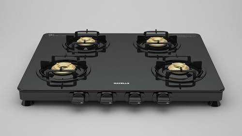 Havells Contour Toughened Glass-Top 4 Brass Burner LPG Gas Stove | Removable Drip Tray | Soft Touch, Ergonomically Designed Knobs | 2 Years Comprehensive Warranty (Black)