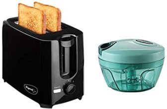 Pigeon 2 Slice Auto Pop Up Toaster. A Smart Bread Toaster For Your Home | 750 Watts, Plastic Mini Handy And Compact Chopper With 3 Blades (Green, 400 Ml)