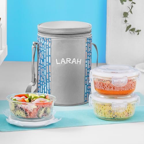 Larah Glassware Vogue Borosilicate Glass Lunchbox with Bag | 3pc Round Container Set (400 ml Each) | Microwave & Dishwasher Safe, Leakproof | Tiffin for Office, School, College | Blue