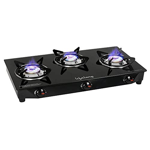 Lifelong 3 Burner Gas Stove Top for Kitchen – Manual Ignition Cooktop Modern Glass Stove for Modular Kitchen, ISI Certified & Compatible with LPG – 1 Year Manufacturer's (Black, LLGS18)