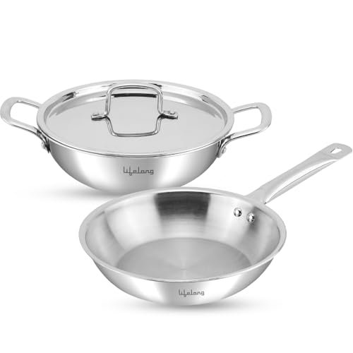 Lifelong Triply Cookware Combo|24cm Fry Pan (1.5L) & 24cm Triply Kadhai (2.5L) with Steel Lids|Soft Touch Handles,Even Heat Distribution|Induction & Gas Stove Compatible,2 Count,Silver