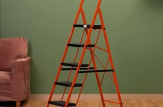 BonKaso Premium Steel Multipurpose Climb Easy Anti-Slip 5-Step Foldable Ladder with Safety Clutch Lock, Support Handle and Tool Tray for Home – (Orange & Black)