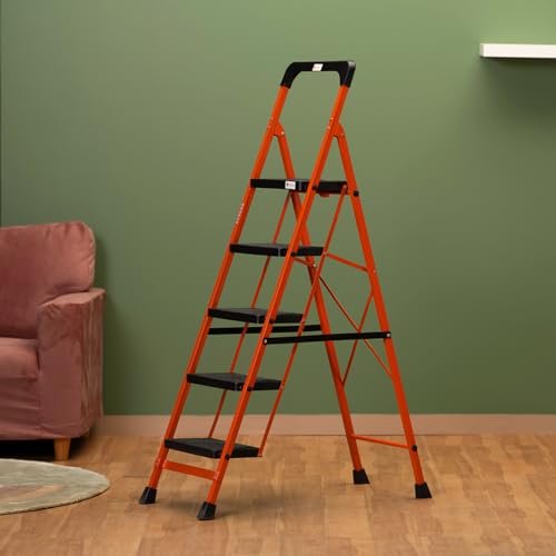 BonKaso Premium Steel Multipurpose Climb Easy Anti-Slip 5-Step Foldable Ladder with Safety Clutch Lock, Support Handle and Tool Tray for Home – (Orange & Black)