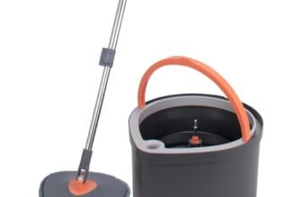 BonKaso 360° Spin Mop with Drop Bucket Deluxe System Set and Reusable Microfiber Pads for Wet & Dry Glass, Wall, Tile and Home Floor Cleaning – Grey and Orange
