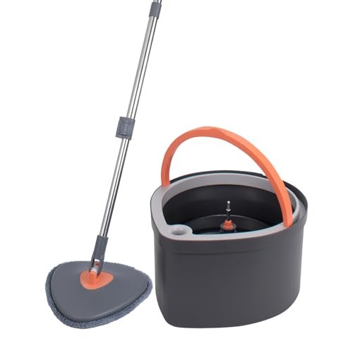 BonKaso 360° Spin Mop with Drop Bucket Deluxe System Set and Reusable Microfiber Pads for Wet & Dry Glass, Wall, Tile and Home Floor Cleaning – Grey and Orange
