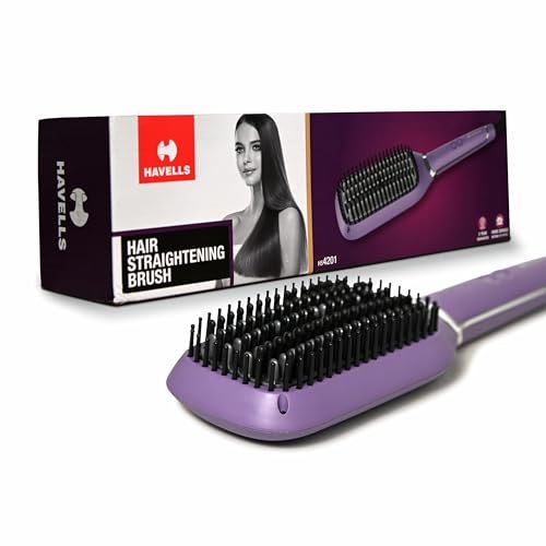 Havells Keratin Infused Hair Straightener Brush With Temperature Control For All Hair Types | 50 Watts | 2 Years Guarantee | Stunning Purple | Hs4201