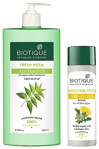 Biotique Bio Dandelion Visibly Ageless Serum, 190ml & Biotique Bio Neem Margosa Anti Dandruff Shampoo and Conditioner, 650ml