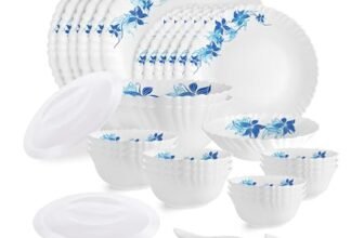 Cello Opalware Dazzle Series Blue Swirl Dinner Set, 35 Units | Opal Glass Dinner Set for 6 | Light-Weight, Daily Use Crockery Set for Dining | White Plate and Multipurpose Bowl Set