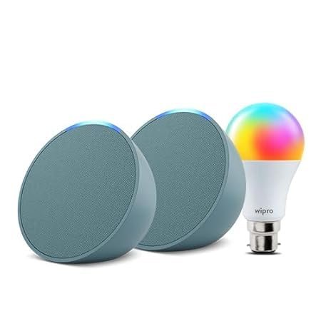 Amazon Echo Pop (Green) gift twin pack with Wipro 9W Simple Setup LED Smart Color Bulb and Alexa | with Smart Home controls