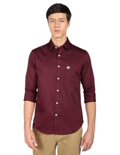 U.S. POLO ASSN. Men's Solid Spread Collar Cotton Tailored Fit Shirt (USSHTR0034_Maroon_S)