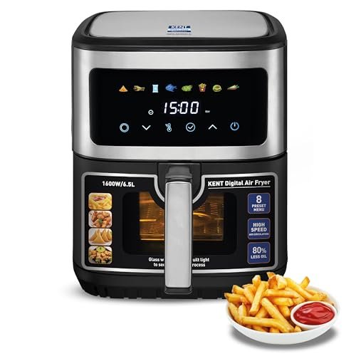 KENT Digital Air Fryer 6.5L,1600W,Bake,Grill & Roast,Up To 80% Less Oil Usage,Rapid Heat Circulation,8 Preset Menu,Digital Display & Touch Control Panel,Glass Window With In Built Light,Black