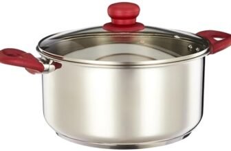 Amazon Brand – Solimo Stainless Steel Casserole with Glass Lid | Impact-Forged Bottom | Soft-Touch Handle | Dishwasher-Safe | 24 cm, 5 L | Silver