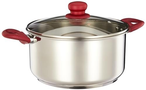 Amazon Brand – Solimo Stainless Steel Casserole with Glass Lid | Impact-Forged Bottom | Soft-Touch Handle | Dishwasher-Safe | 24 cm, 5 L | Silver