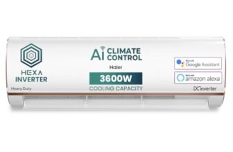 Haier 1 Ton 5 Star AI Climate Control Smart Split AC (3600W, Copper, Wi-Fi, Heavy Duty, 4 Way Swing, Frost Self Clean, HD Filter, Cools at 60°C, 20 Mtrs Air Throw – HSU14K-PYAIR5BN-INV, White)