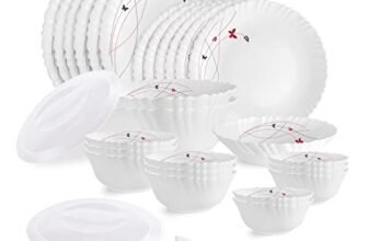 Cello Opalware Dazzle Series Lush Fiesta 35 Piece Dinner Set Serving for 6 | Bone Ash-Free | Lightweight, Elegant White Plates & Bowls Set | Opal Glass Crockery Set for Daily Use Dinning & Gifting