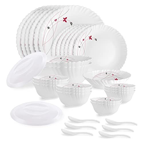 Cello Opalware Dazzle Series Lush Fiesta 35 Piece Dinner Set Serving for 6 | Bone Ash-Free | Lightweight, Elegant White Plates & Bowls Set | Opal Glass Crockery Set for Daily Use Dinning & Gifting