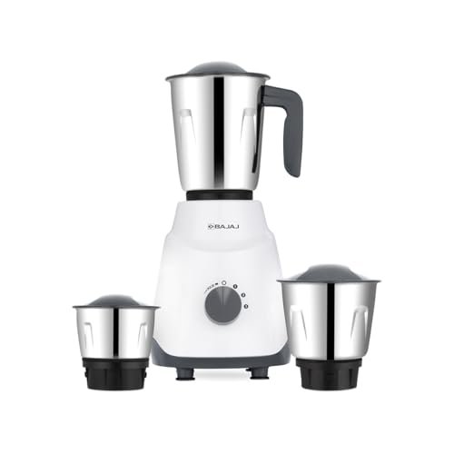 Bajaj GX1 Ninja Series 500W Mixer Grinder With 3 Jars (Stainless Steel Jars) | Superior Mixie For Kitchen | Durable Mixer Grinder | DuraCut Blades | 2 Yrs Warranty 【White/Grey】