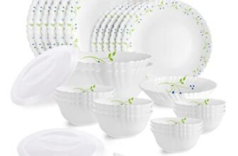 Cello Opalware Dazzle Series Tropical Lagoon Dinner Set, 35 Units | Opal Glass Dinner Set for 6 | Light-Weight, Daily Use Crockery Set for Dining | White Plate and Multipurpose Bowl Set