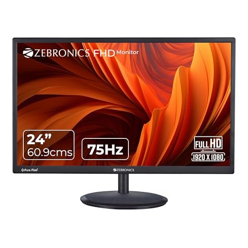 ZEBRONICS PA124 24″ LED Monitor, 75Hz Refresh Rate, HDMI, VGA, FHD 1920×1080, 250nits Brightness, Built-in Speakers, Slim Design