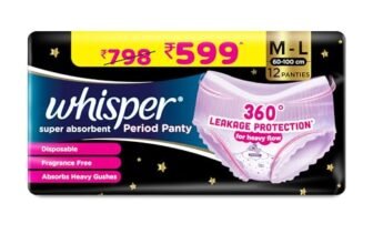 Whisper Super Absorbent Women Period Panty, 12 M-L Pants, 360 Degree Leakage Protection For Heavy Flow, Panty Like Fit For Full Back Coverage, Absorbs Heavy Gushes, Silky Soft, Comfortable Feel