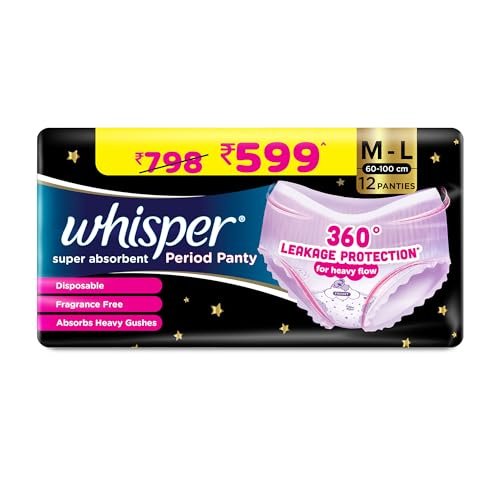 Whisper Super Absorbent Women Period Panty, 12 M-L Pants, 360 Degree Leakage Protection For Heavy Flow, Panty Like Fit For Full Back Coverage, Absorbs Heavy Gushes, Silky Soft, Comfortable Feel