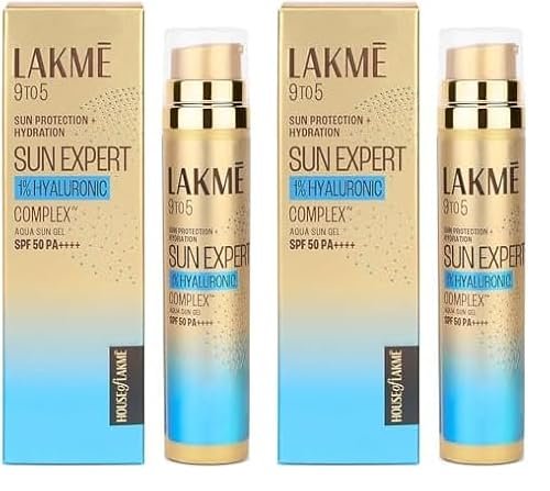 LAKMÉ Sun Expert 1% Hyaluronic water-light Sunscreen gel SPF 50 Pa++++ Best for Oily Skin | Even toned & Glowing Skin | Non-Sticky| Helps reduce pigmentation | UVA/B Protection, No White Cast 56G