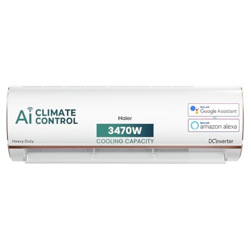Haier 1 Ton 4 Star AI Climate Control Smart Split AC (3470W, Triple Inverter, Copper, Wi-Fi, 4-Way Swing, 7 in 1 Convertible, HD Filter, Cools at 60°C, 20 Mtrs Air Throw – HSU13K-PYAIR4BN-INV, White)