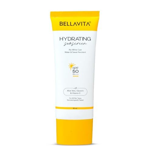 BELLAVITA Water based Hydrating Sunscreen, SPF 50, Lightweight PA+++, For All Skin Types, No White Cast, Non – Greasy Finish, UV Protection, Broad Spectrum, For Men & Women, 50ML