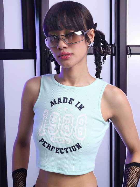 Street By Tokyo Talkies – Typography Printed Round Neck Sleeveless Crop T-Shirt