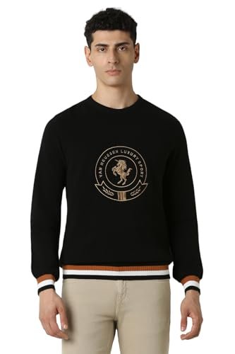Van Heusen Men Black Embroidered Crew Neck Sweater