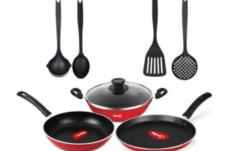Pigeon Mio Non Induction Base Nonstick Aluminium Cookware Gift Set, Includes Nonstick Flat Tawa, Nonstick Fry Pan, Kitchen Tool Set, Nonstick Kadai with Glass Lid, 8 Pieces Kitchen Set (Red)