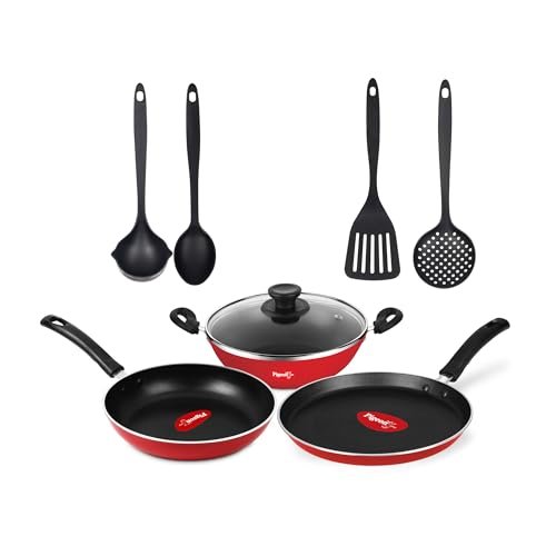 Pigeon Mio Non Induction Base Nonstick Aluminium Cookware Gift Set, Includes Nonstick Flat Tawa, Nonstick Fry Pan, Kitchen Tool Set, Nonstick Kadai with Glass Lid, 8 Pieces Kitchen Set (Red)