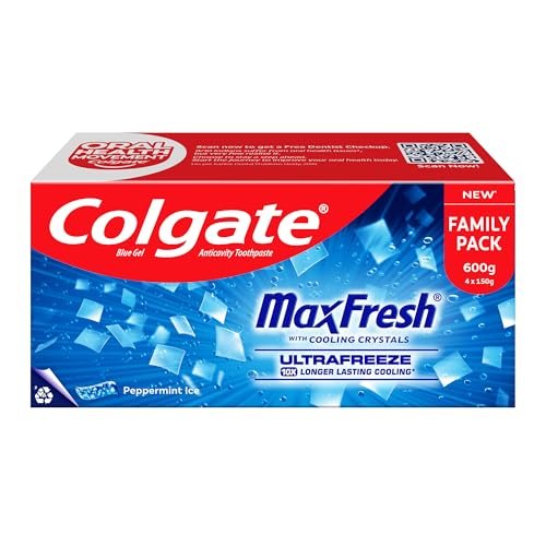 Colgate MaxFresh Toothpaste, Blue Gel Paste with Menthol for Super Fresh Breath, 600g, 150g X 4 (Peppermint Ice, Combo Pack)