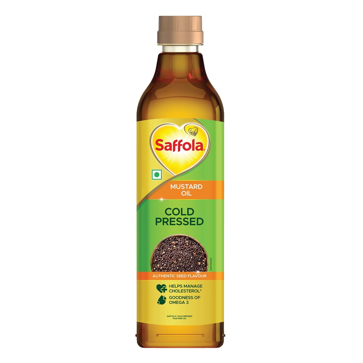 Saffola Cold Pressed Mustard Oil | 100% Cold Pressed Mustard Seed Oil | Kachi ghani Mustard Oil, 0 trans fat, Unrefined, Chemical free | Helps Manage Cholesterol, Goodness of Omega 3 with Authentic Seed Flavour | 1L Pet Bottle
