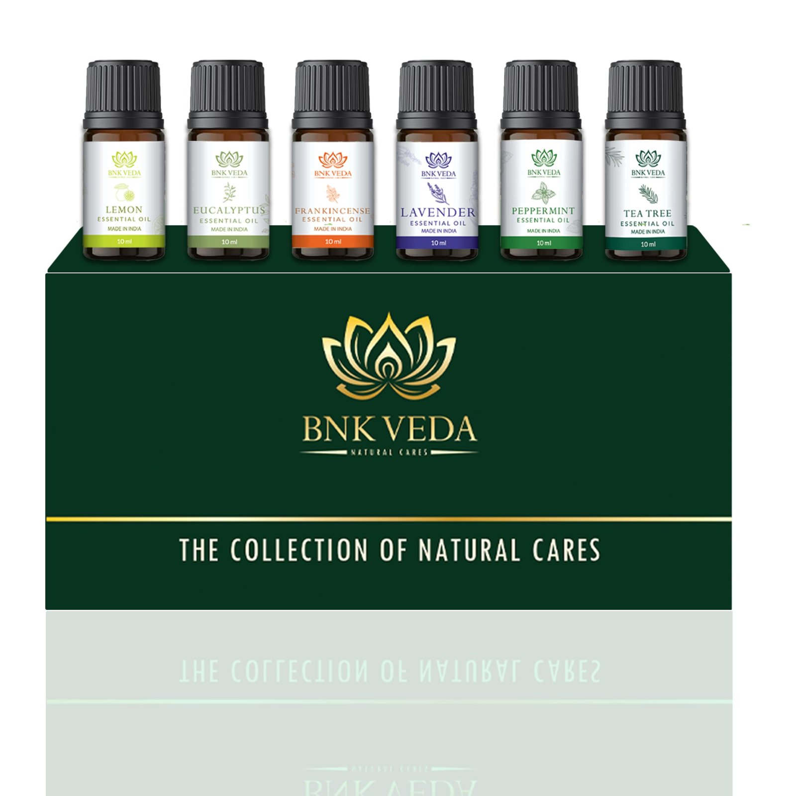 BNK VEDA Natural Cares Essential Oils Set (6x10ml) | Lavender Oil | Peppermint Oil | Tea Tree Oil | Eucalyptus Oil | Lemon Oil | Frankincense Oil | Pure & Organic