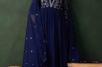 Sangria – Navy Blue Ethnic Motifs Embroidered A-Line Kurta With Trouser & Dupatta