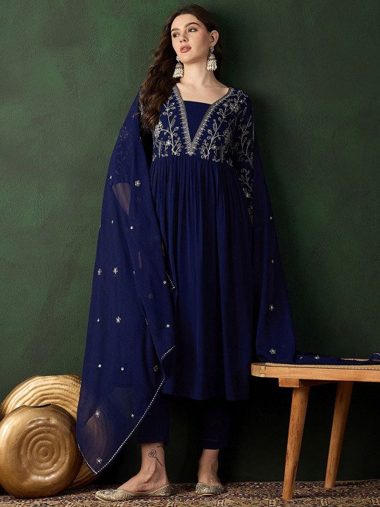 Sangria – Navy Blue Ethnic Motifs Embroidered A-Line Kurta With Trouser & Dupatta